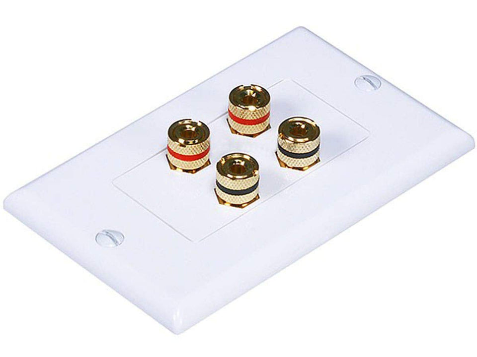 Monoprice front view wall plate showing two banana posts, clean appearance and easy access