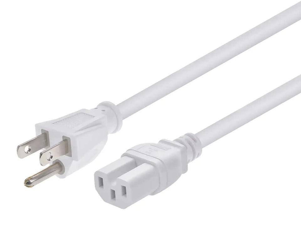 Monoprice front view white cord showing full 8ft length and plug ends for reliable reach