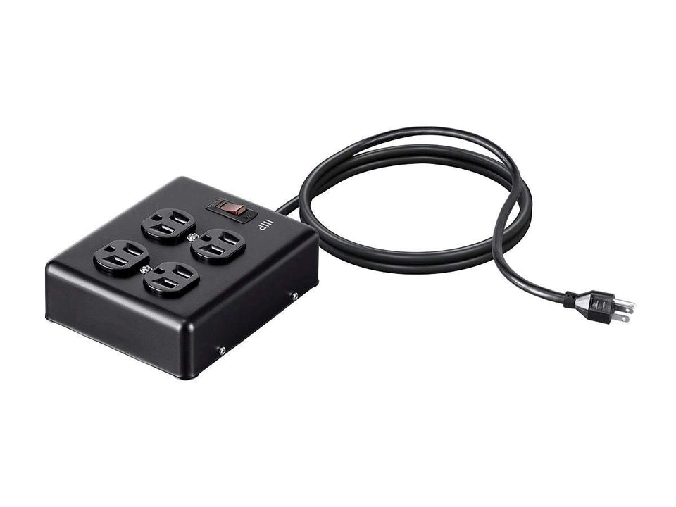 Monoprice heavy-duty surge protector with four outlets and rugged metal housing for enhanced safety.
