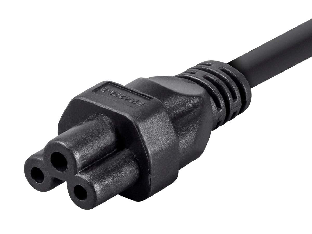 Monoprice power cord connected to laptop power brick on desk for tidy cable management