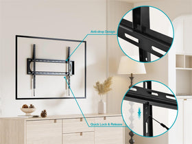 Monoprice mounted TV in living room demonstrating sleek look and space-saving