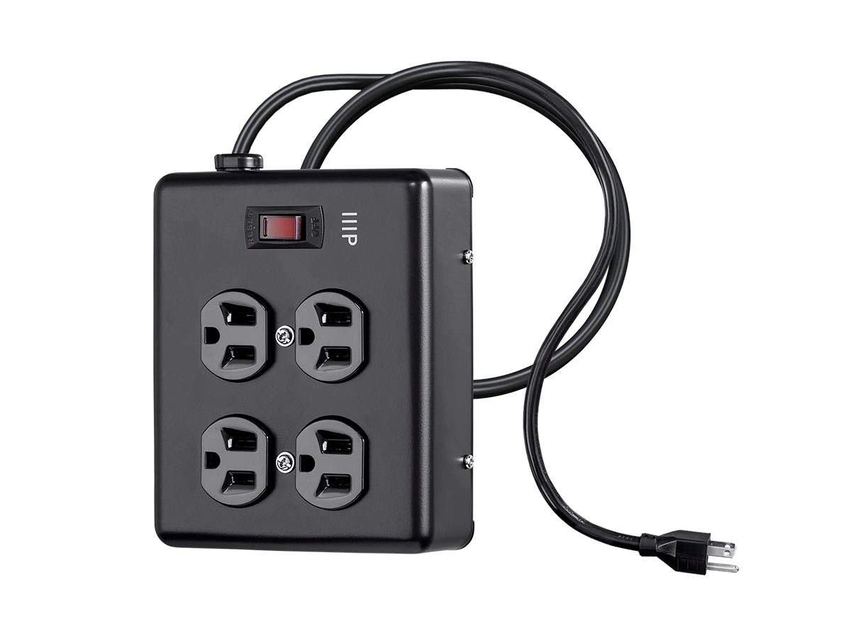 Monoprice metal housing surge protector designed for durability in busy spaces.