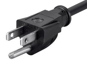 Monoprice detail of NEMA 5-15P three-prong plug highlighting grounded design and sturdy construction for safer powering