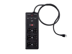 Monoprice detail of outlets and LED status indicator showing protection benefit