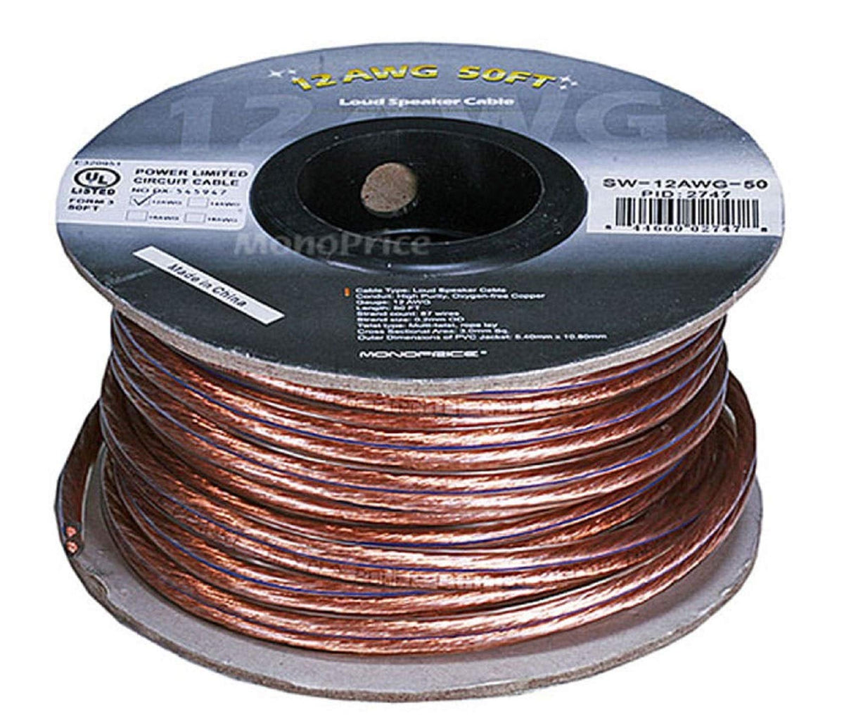 Monoprice oxygen-free copper conductor with blue stripe supports easy polarity identification.