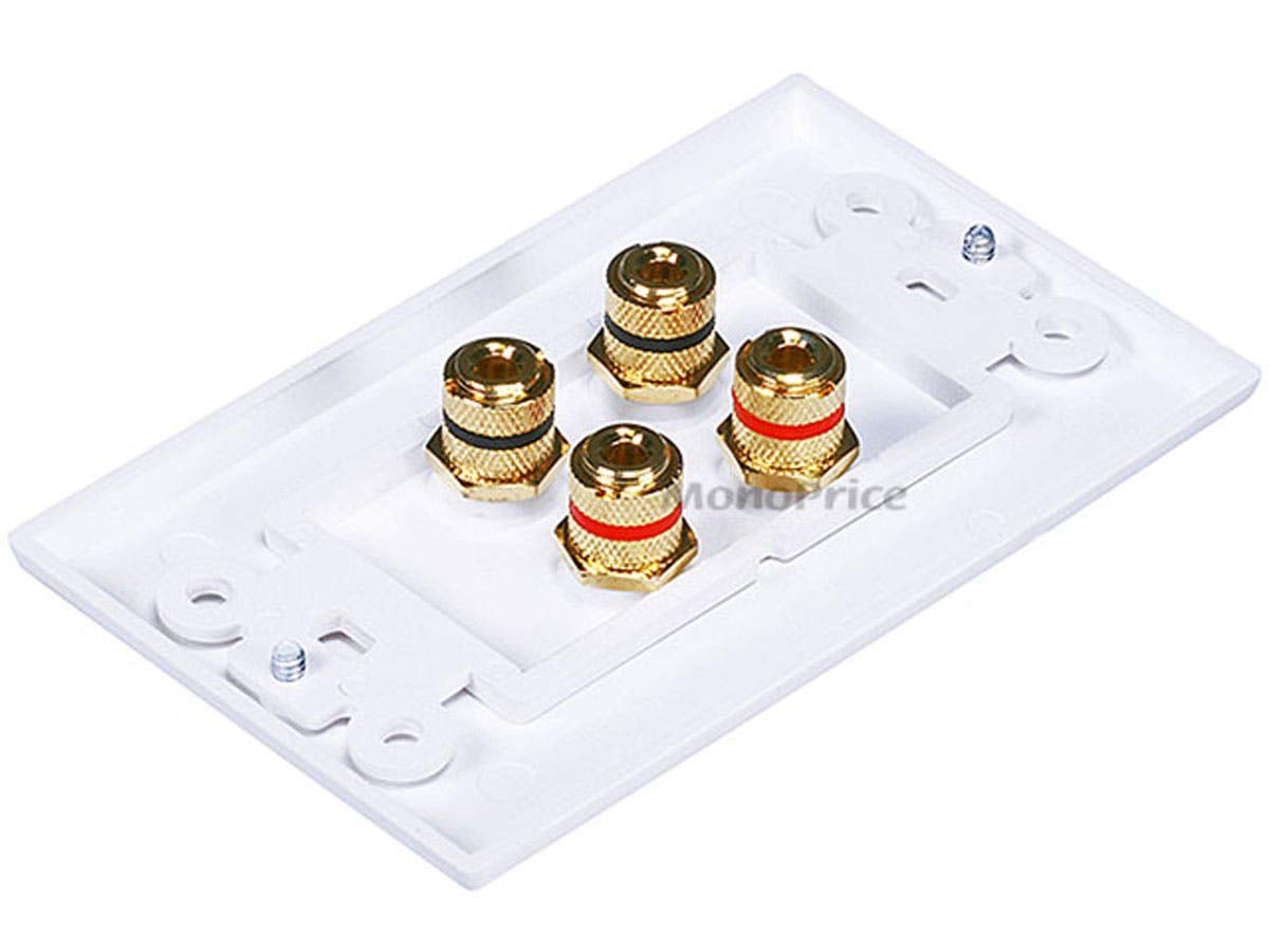 Monoprice close-up of gold-plated binding posts, corrosion resistance and reliable contact