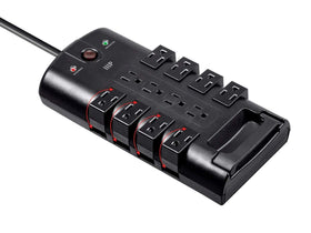 Monoprice close-up of outlet spacing detailing wide sockets to prevent adapter crowding and improve usability