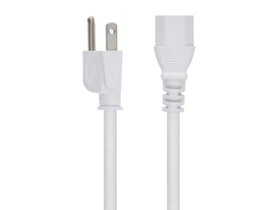 Close-up of Monoprice NEMA 5-15P plug on a 10 ft white power cord