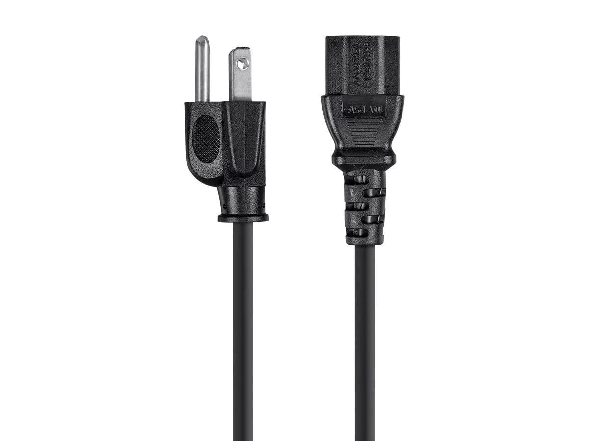 Close-up view of Monoprice power cord molded connectors for durability.