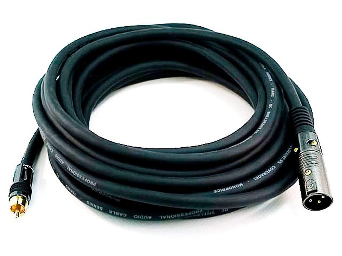 Monoprice Premier Series XLR to RCA cable with gold-plated connectors for clean signal transfer.