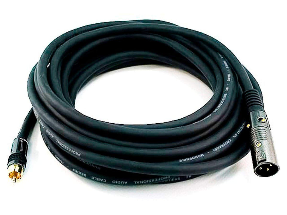 Monoprice Premier Series XLR to RCA cable with gold-plated connectors for clean signal transfer.