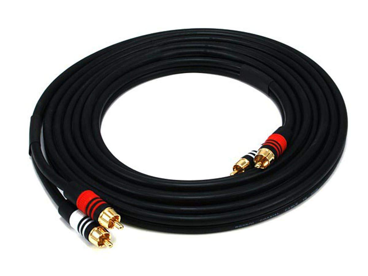 Monoprice premium audio cable, 12 ft length and shielded for reliable stereo transfer.