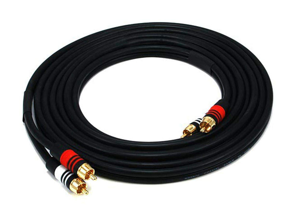 Monoprice premium audio cable, 12 ft length and shielded for reliable stereo transfer.