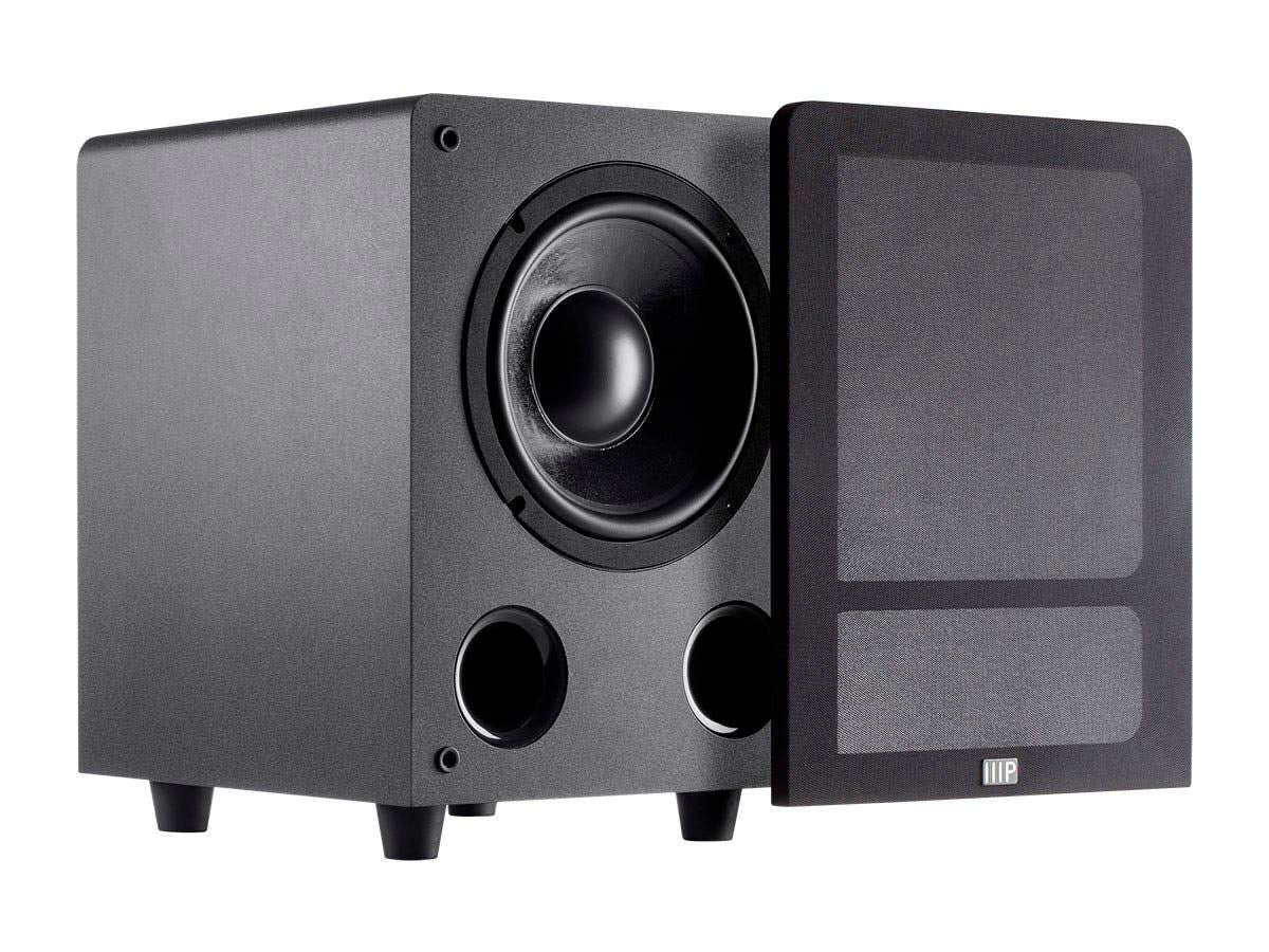Monoprice Premium Select Subwoofer auto on/off indicator and power controls for energy-efficient use.