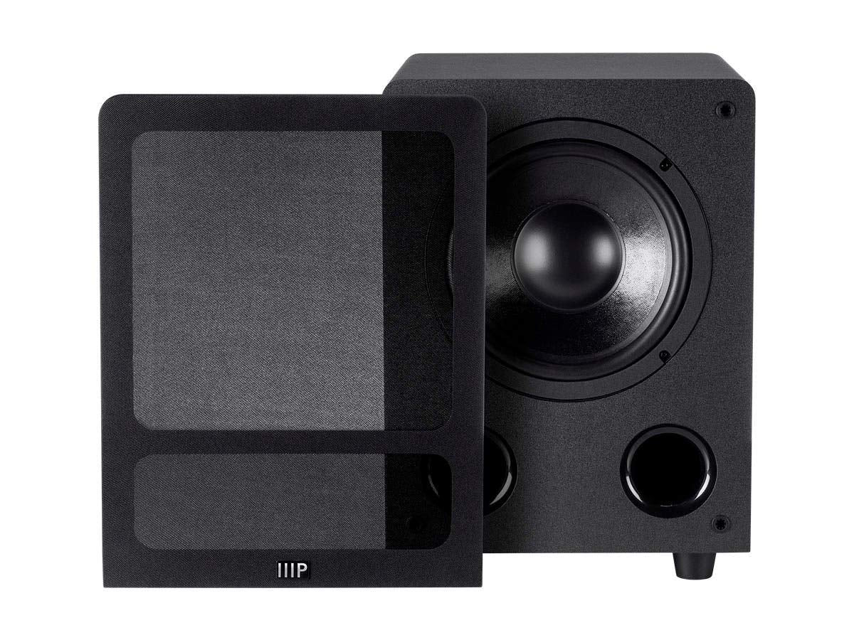 Monoprice Premium Select Subwoofer back panel highlighting 4-ohm impedance and connections for flexible setup.