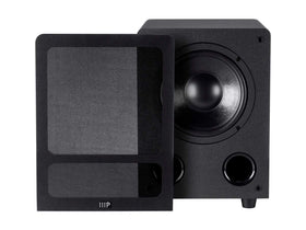 Monoprice Premium Select Subwoofer back panel highlighting 4-ohm impedance and connections for flexible setup.