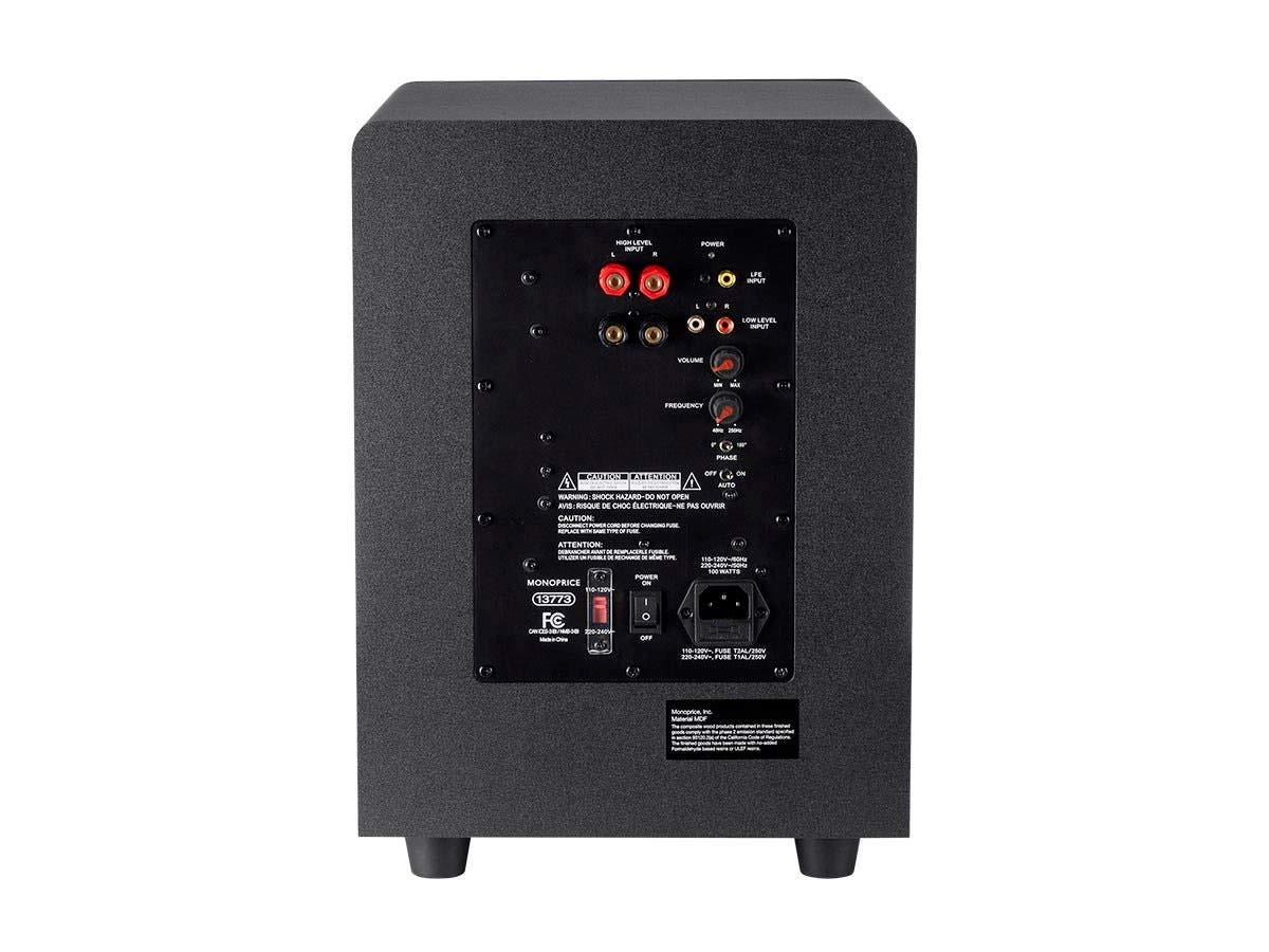 Monoprice Premium Select Subwoofer black cabinet texture adds a sleek look to living rooms.