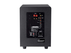 Monoprice Premium Select Subwoofer black cabinet texture adds a sleek look to living rooms.