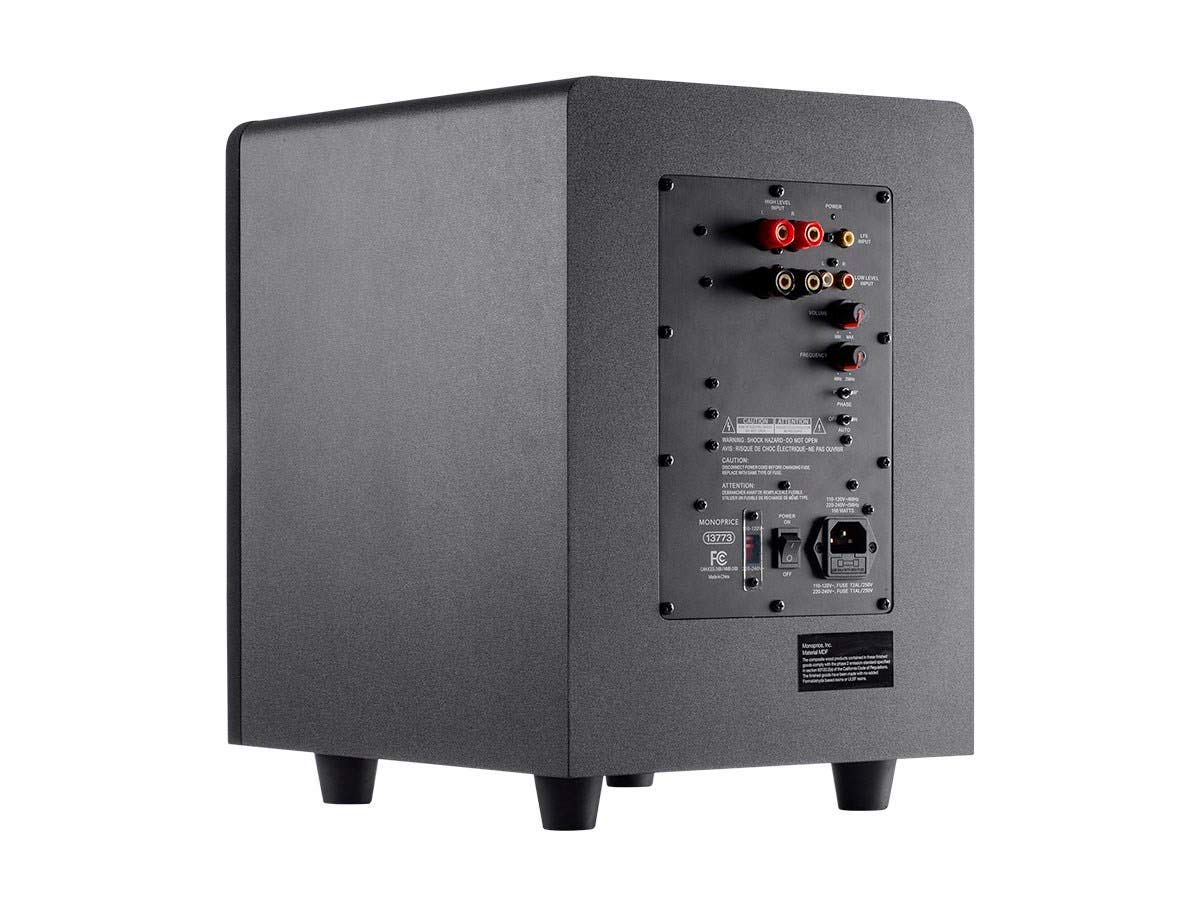 Monoprice Premium Select Subwoofer in-room setup demonstrating punchy bass for gaming and movies.