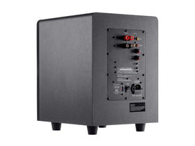Monoprice Premium Select Subwoofer in-room setup demonstrating punchy bass for gaming and movies.