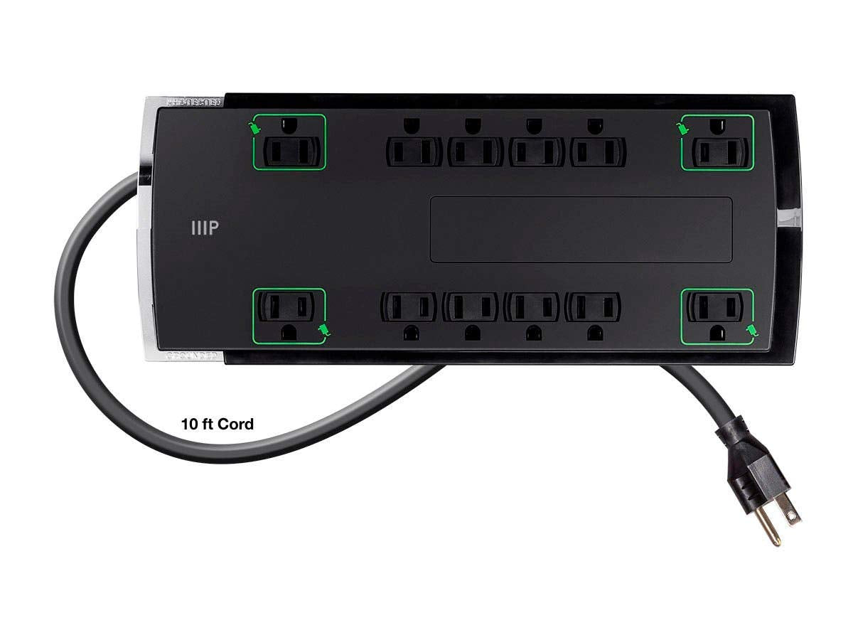 Monoprice protected and grounded LED lit to confirm active surge protection benefit