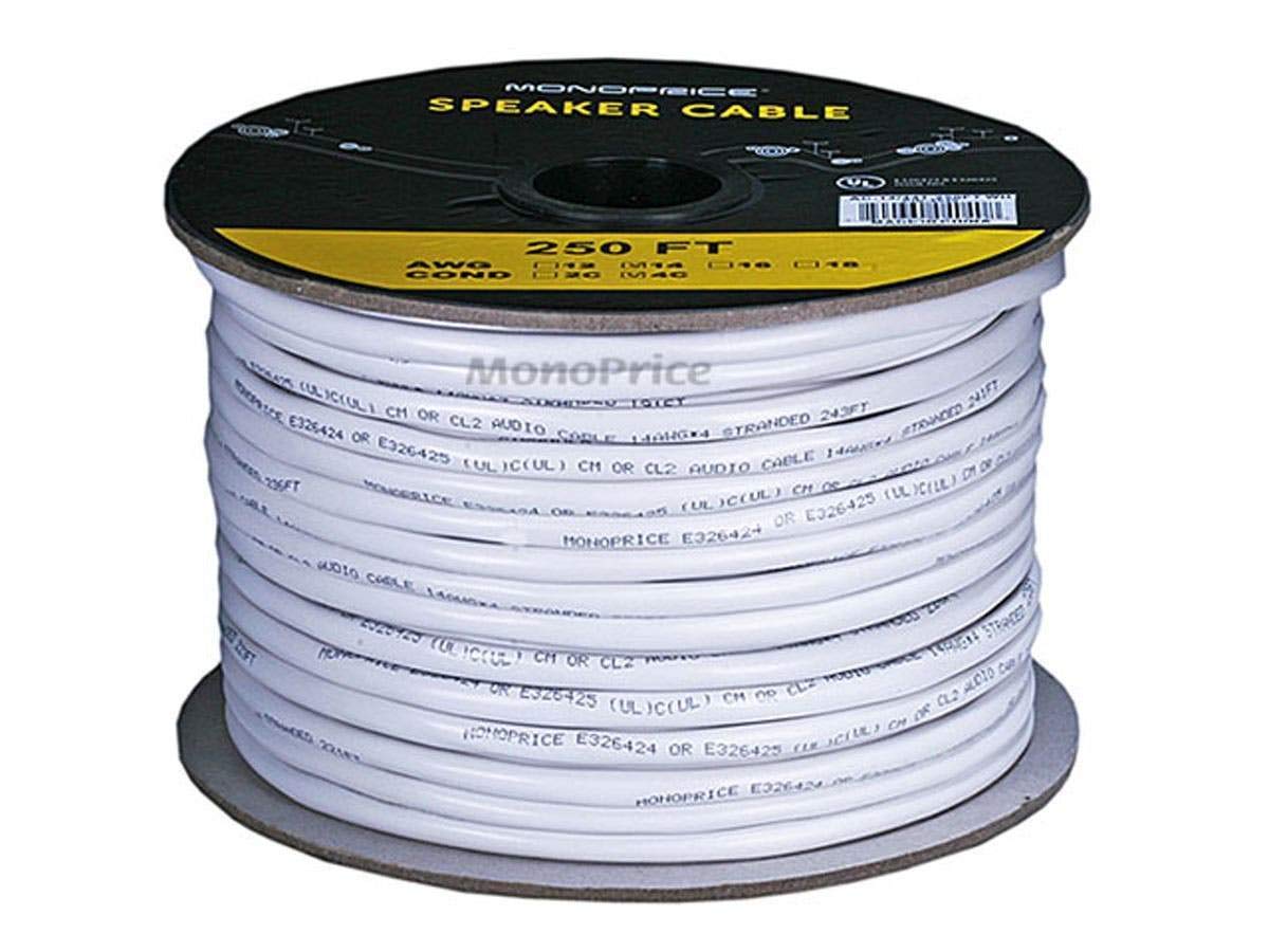 White jacketed 14 AWG cable with color coded conductors for easy polarity.