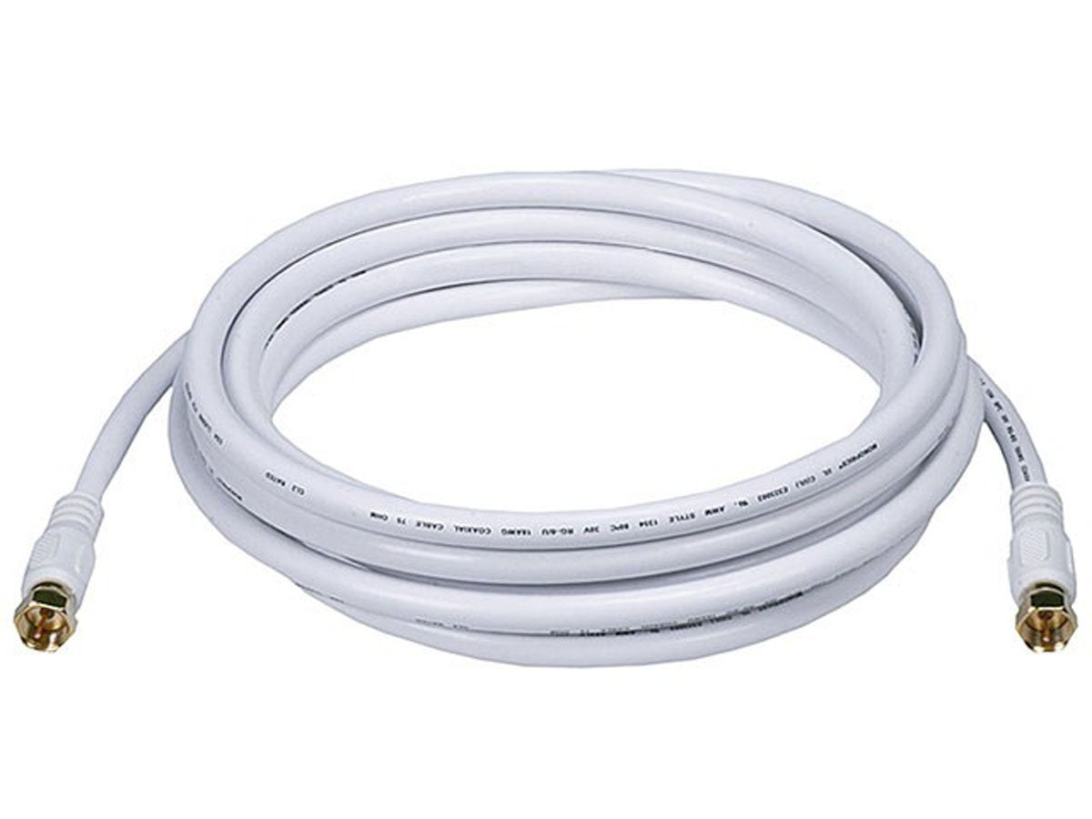 Monoprice RG6 quad-shield coaxial cable with F-type connector for reliable HD signal and low interference.