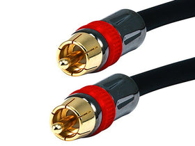 Monoprice RG6 gold-plated RCA connector close-up, reliable contact and durability