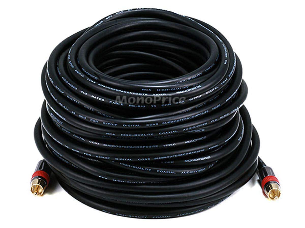 Monoprice cable front connector showing gold-plated RCA and durable housing for reliable contact