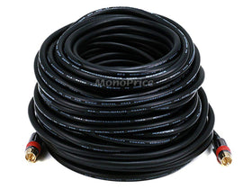 Monoprice cable front connector showing gold-plated RCA and durable housing for reliable contact