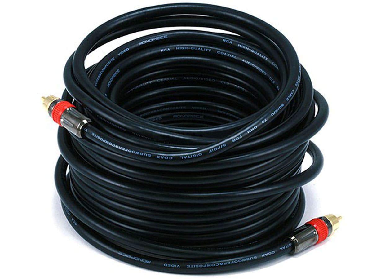 Monoprice RG6 RCA front view showing gold-plated connectors and durable housing for reliable contact