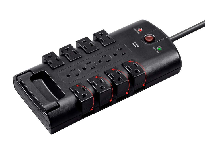 Monoprice rotating power block front view showing twelve outlets and compact design benefiting device organization