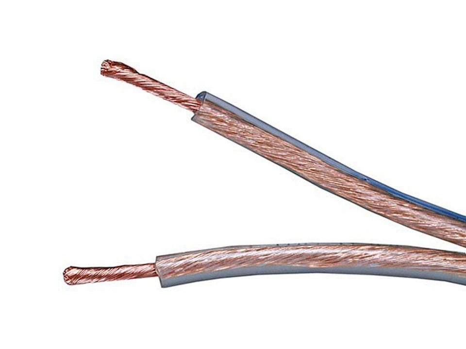 Monoprice speaker wire on a spool showing 12 AWG oxygen-free copper for strong connections