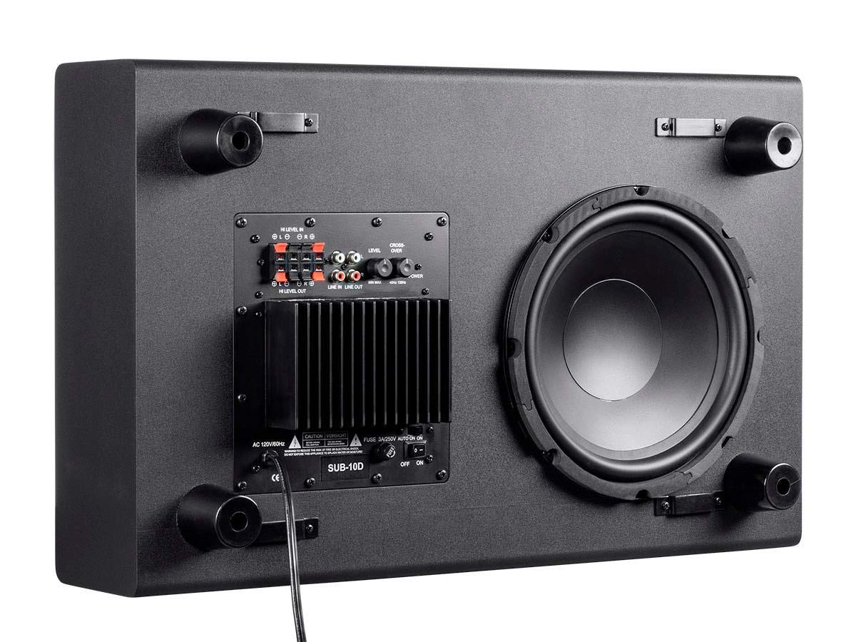 Monoprice SSW-10 behind TV stand demonstrating space-saving bass placement