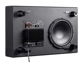 Monoprice SSW-10 behind TV stand demonstrating space-saving bass placement