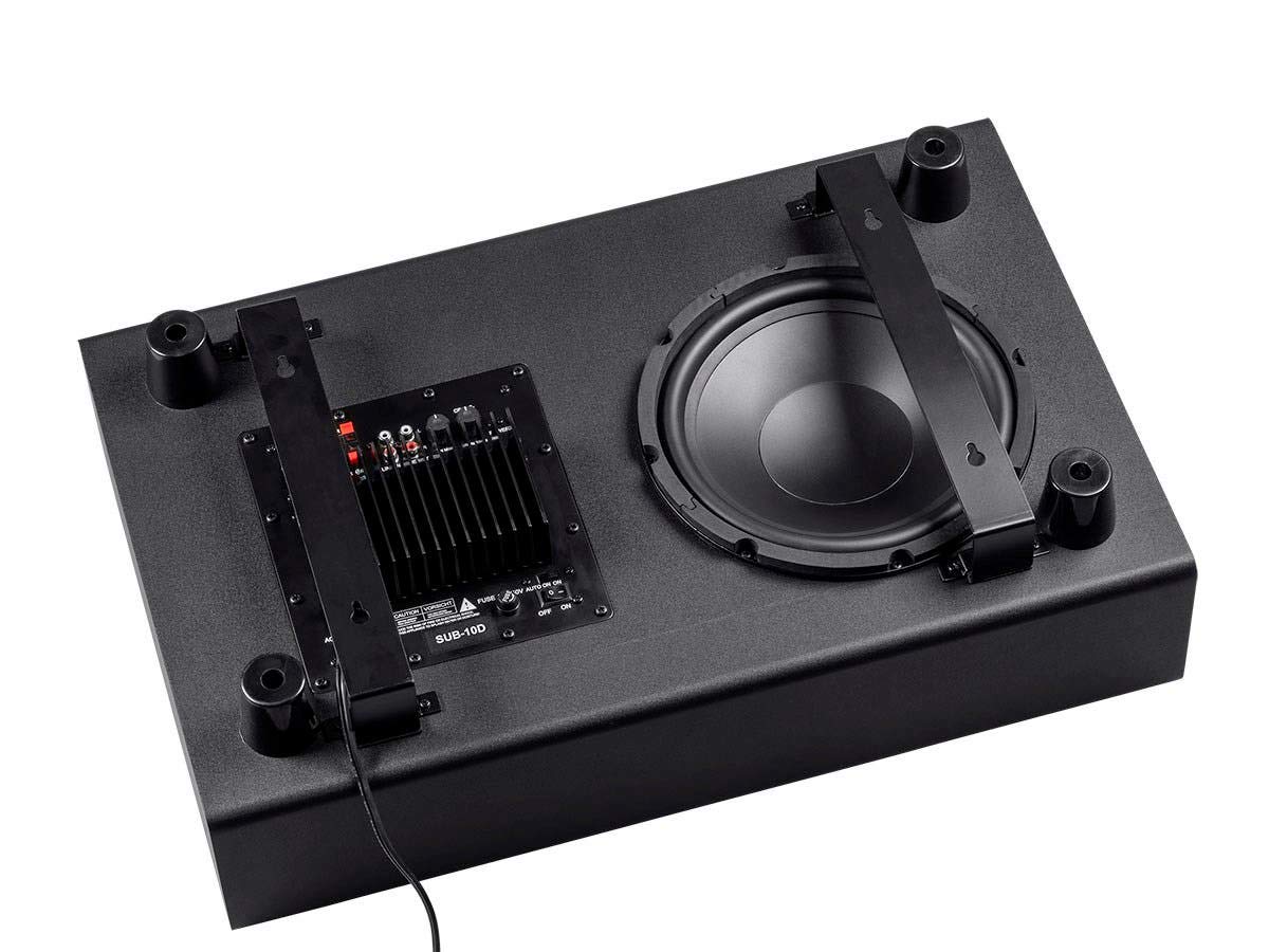 Monoprice SSW-10 front view highlighting a slim subwoofer profile