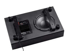 Monoprice SSW-10 front view highlighting a slim subwoofer profile