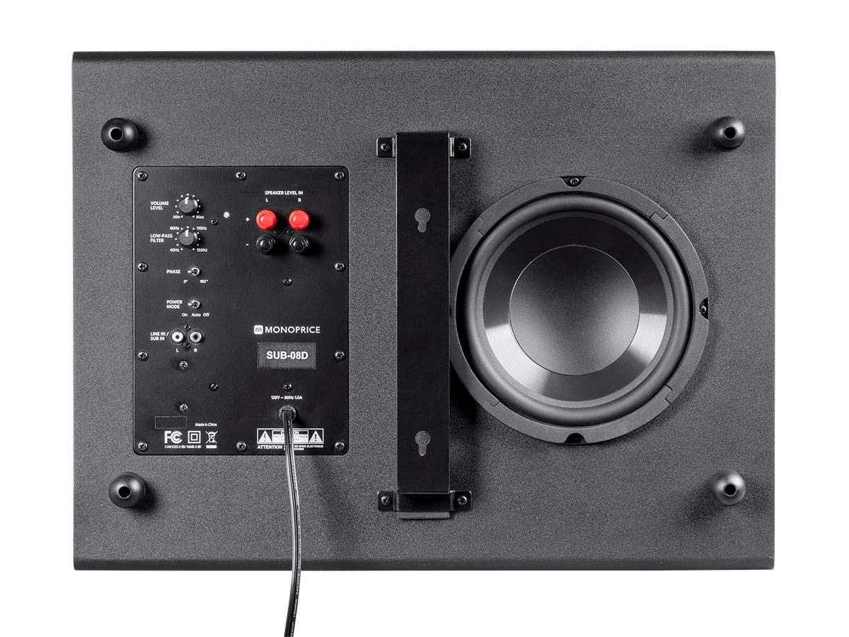 Monoprice SSW-8 8-inch woofer delivering deeper bass from a slim cabinet.