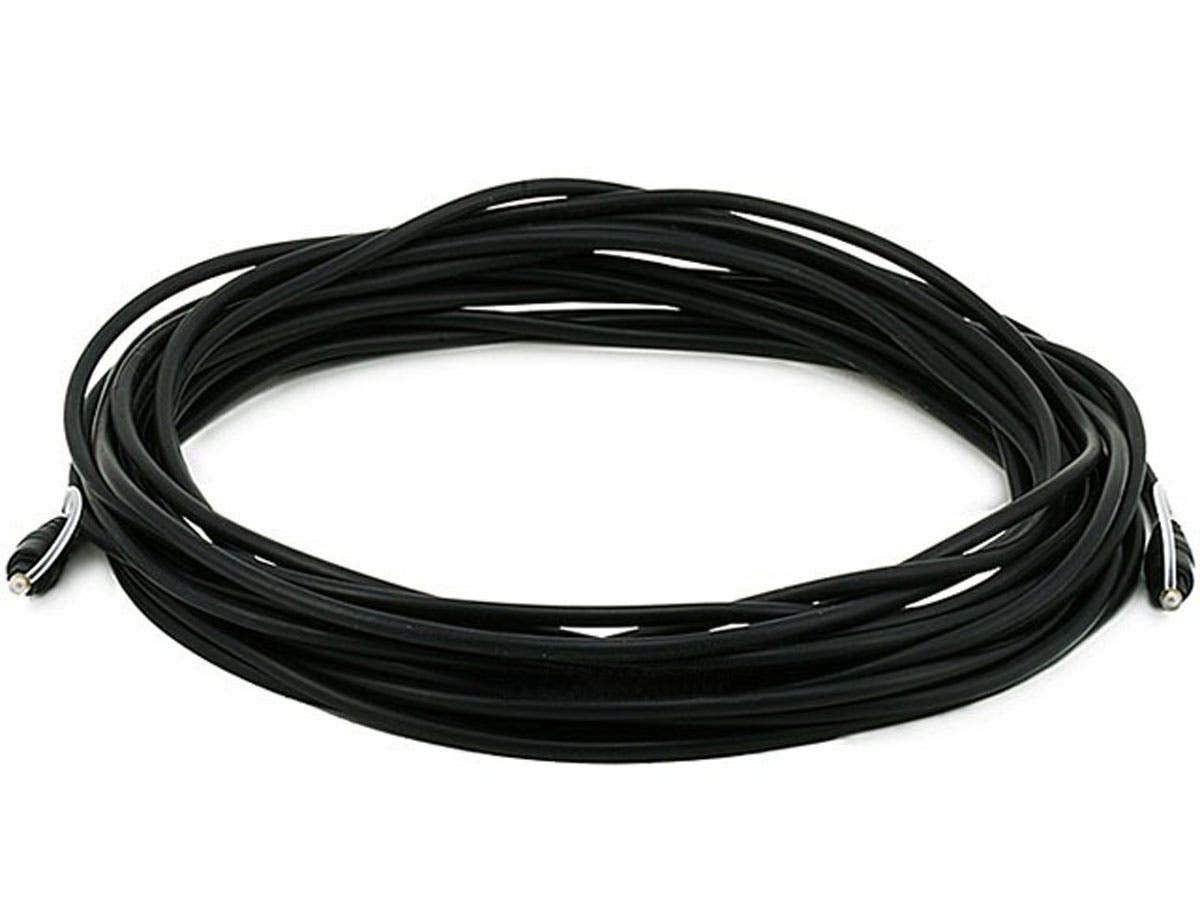 Monoprice front Toslink connector showing durable ferrule and easy insert benefit