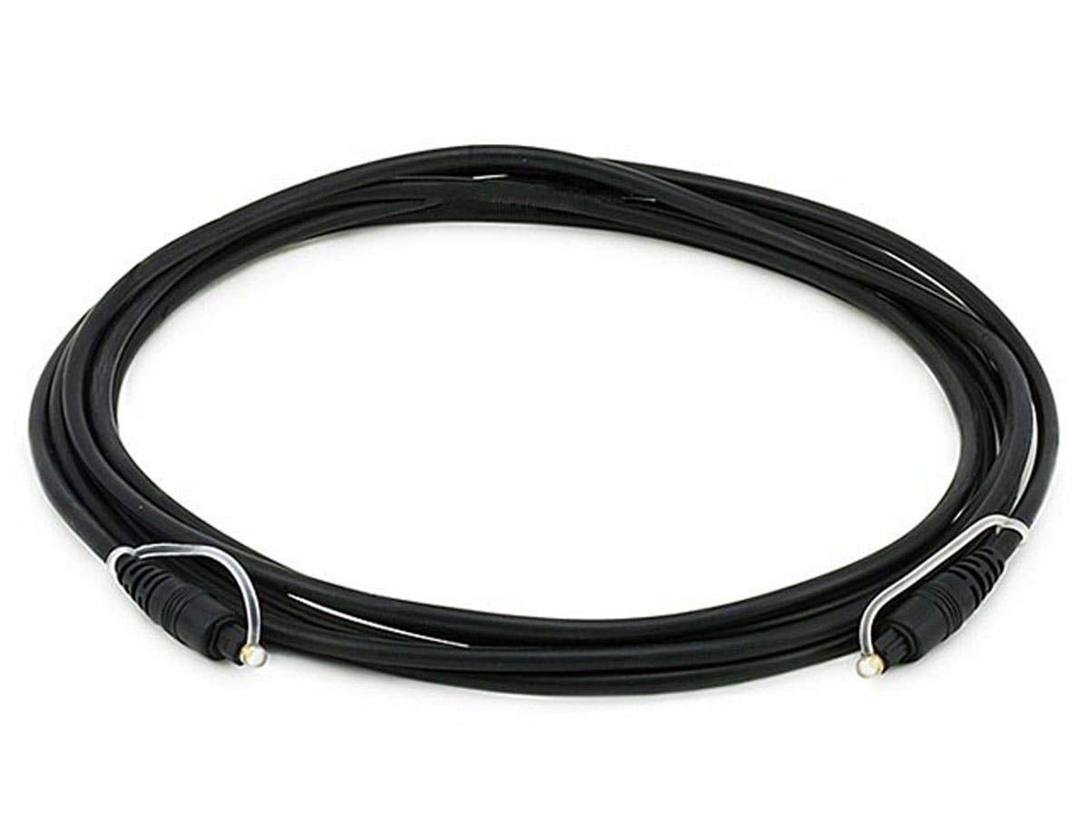 Monoprice Toslink cable front connector showing gold-plated ferrule and secure fit for long-term use