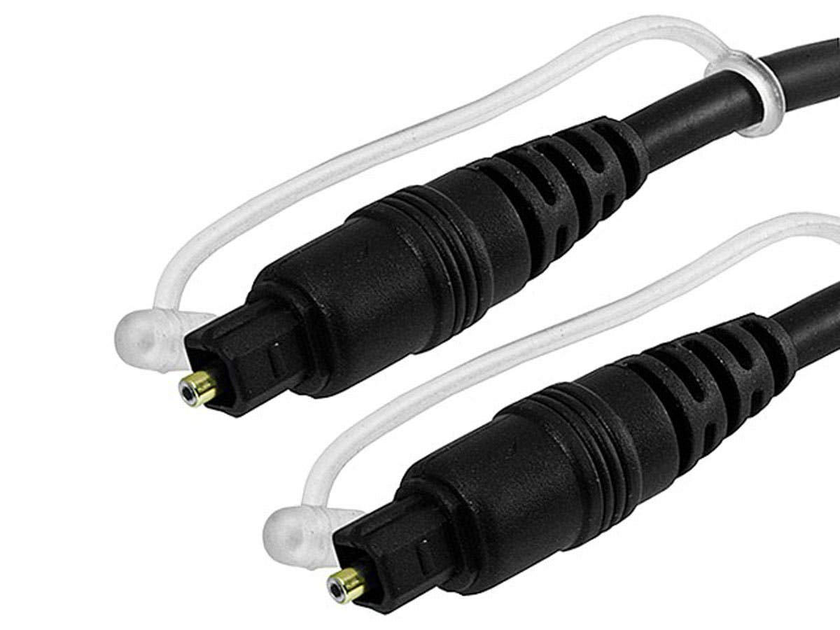 Monoprice Toslink cable in living room setup linking TV to soundbar for clear, interference-free audio