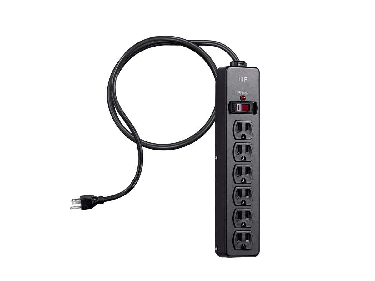 Monoprice UL-certified surge protector in a metal case for safety.