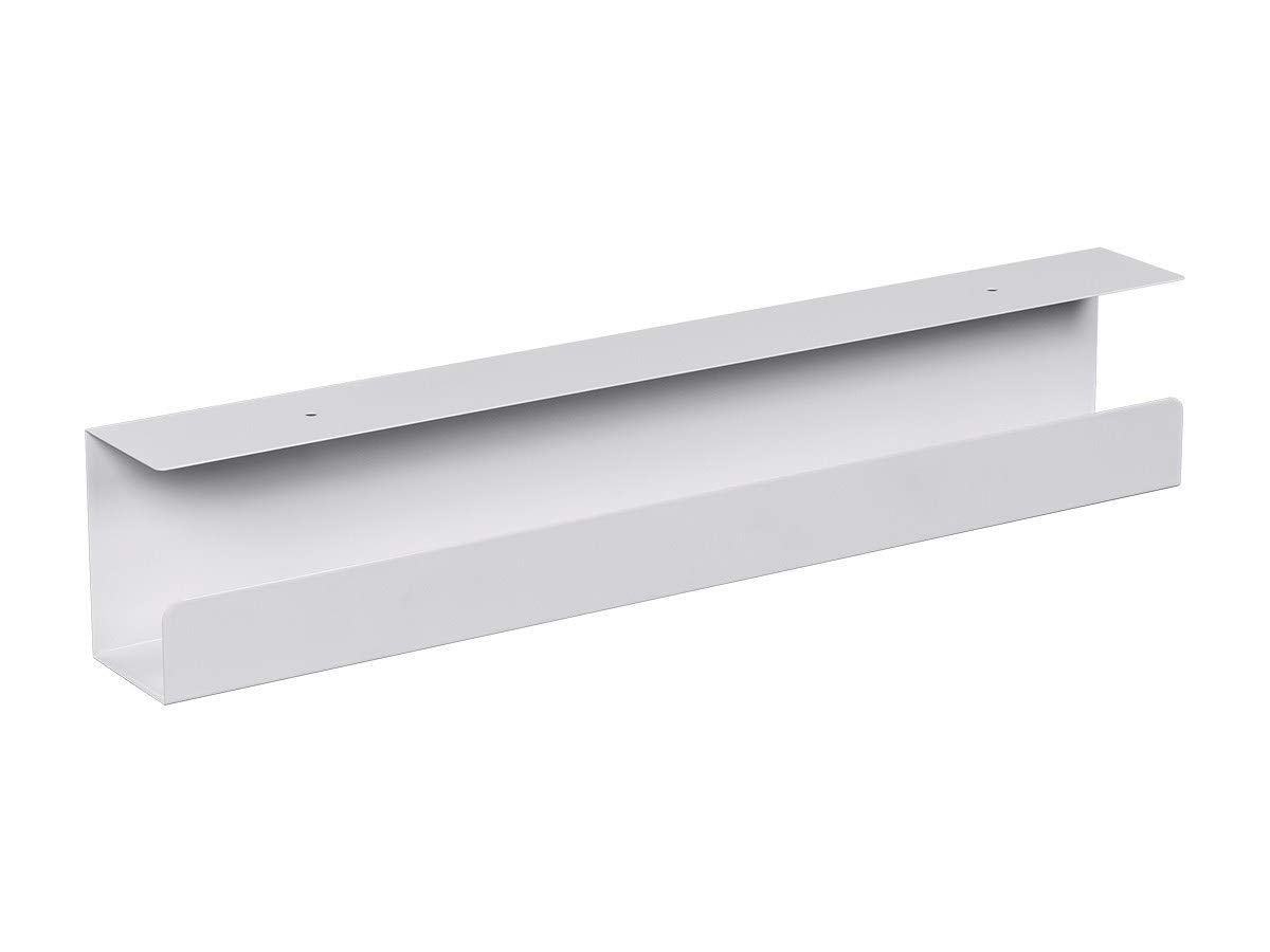 Monoprice under-desk cable tray steel white keeps cords organized and hidden.