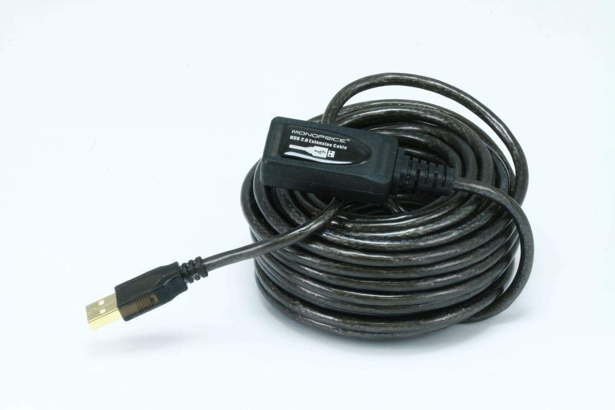 Monoprice USB 2.0 active extension cable with sturdy connectors boosts signal for long-distance use.