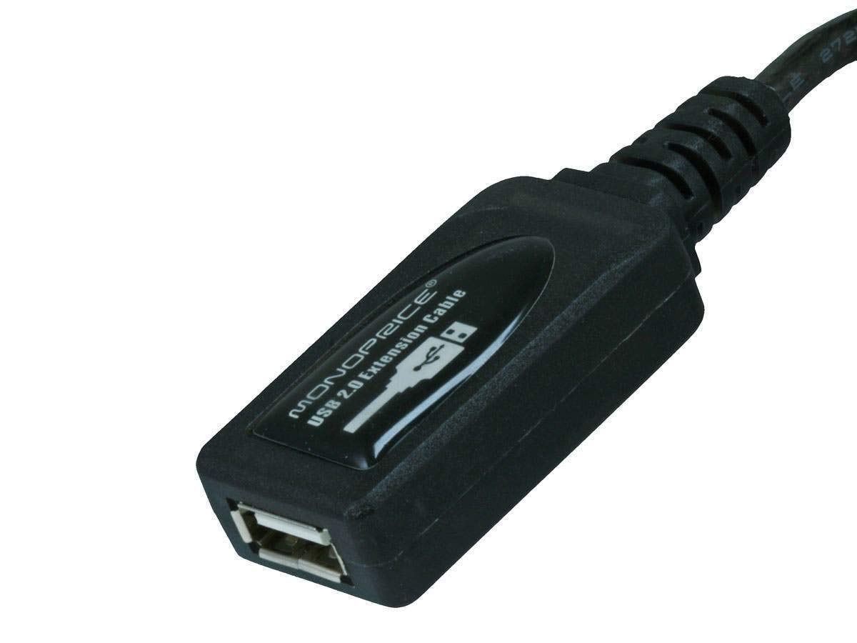 Monoprice USB 2.0 active extension cable exposes compact internal electronics for reliable data transfer.