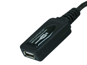 Monoprice USB 2.0 active extension cable exposes compact internal electronics for reliable data transfer.