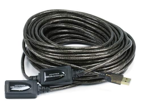 Monoprice USB 2.0 active extension cable demonstrated with a printer for extended reach.