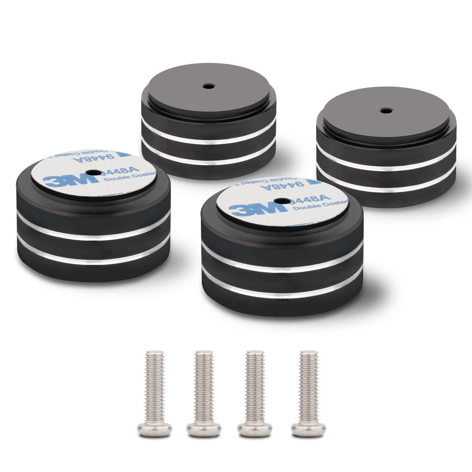 Monosaudio front view of four isolation feet showing compact design and neat finish benefit stability