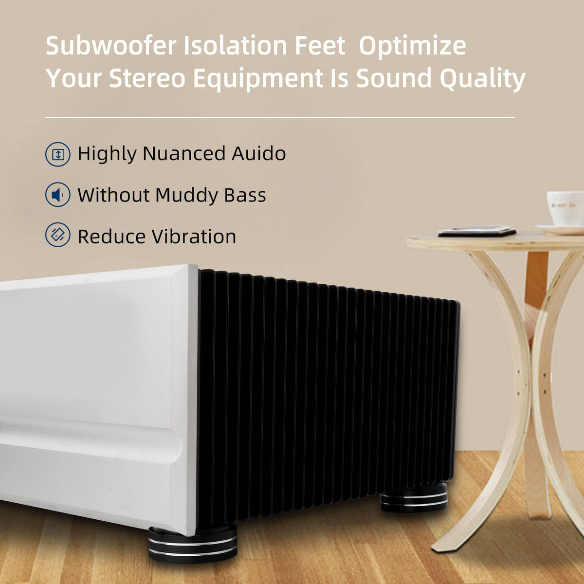 Monosaudio isolation feet with adhesive option ready for quick setup.