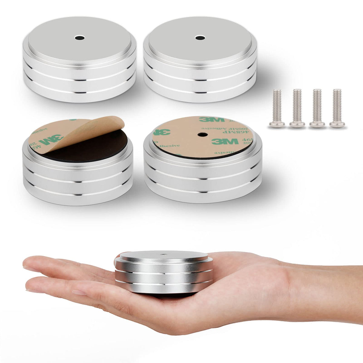 Monosaudio aluminum isolation feet in silver for vibration control on speakers